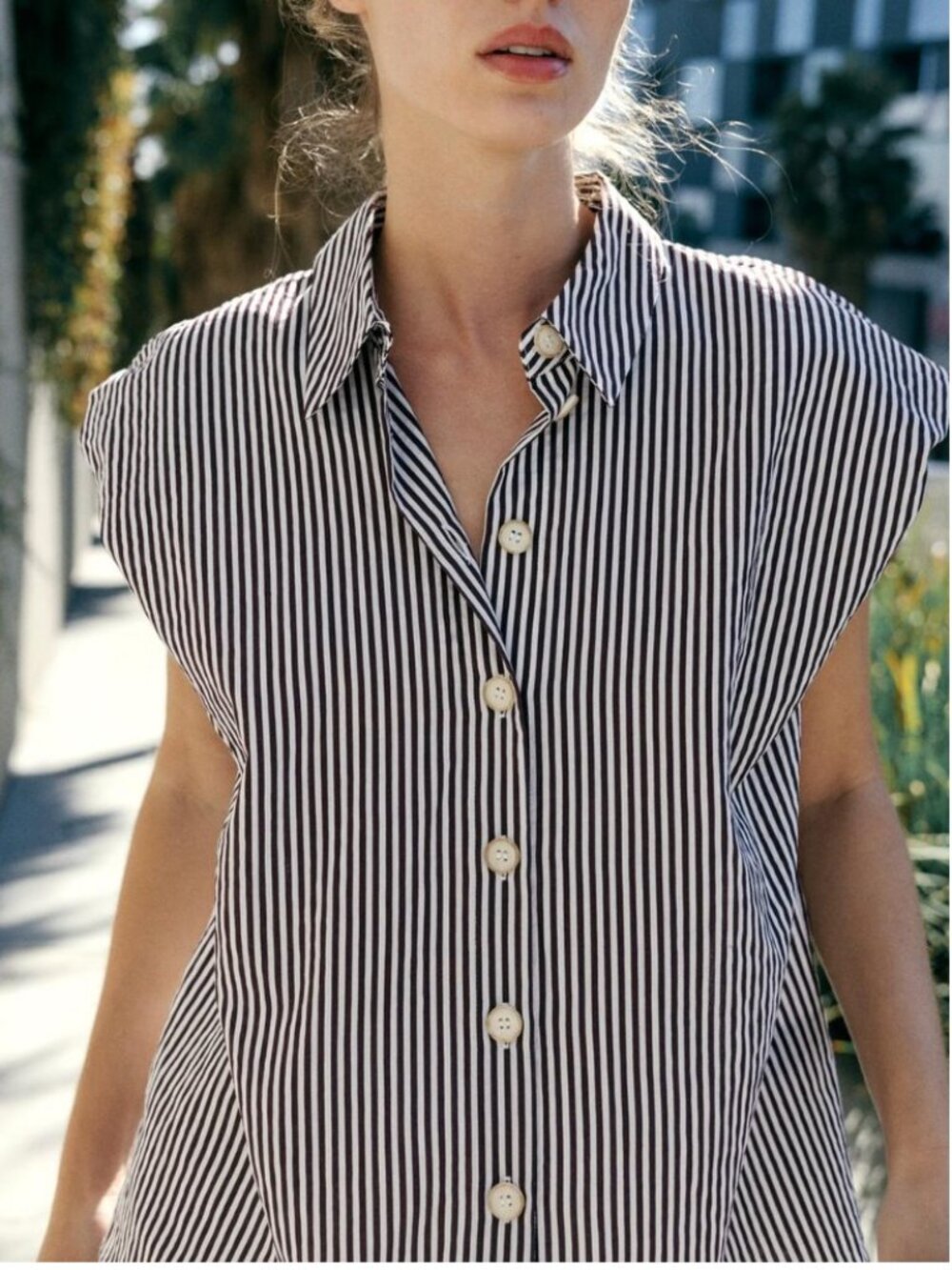Like New Zara 100% Cotton Puff Sleeve‎ Button-Front Shirt Brown Stripe Size S